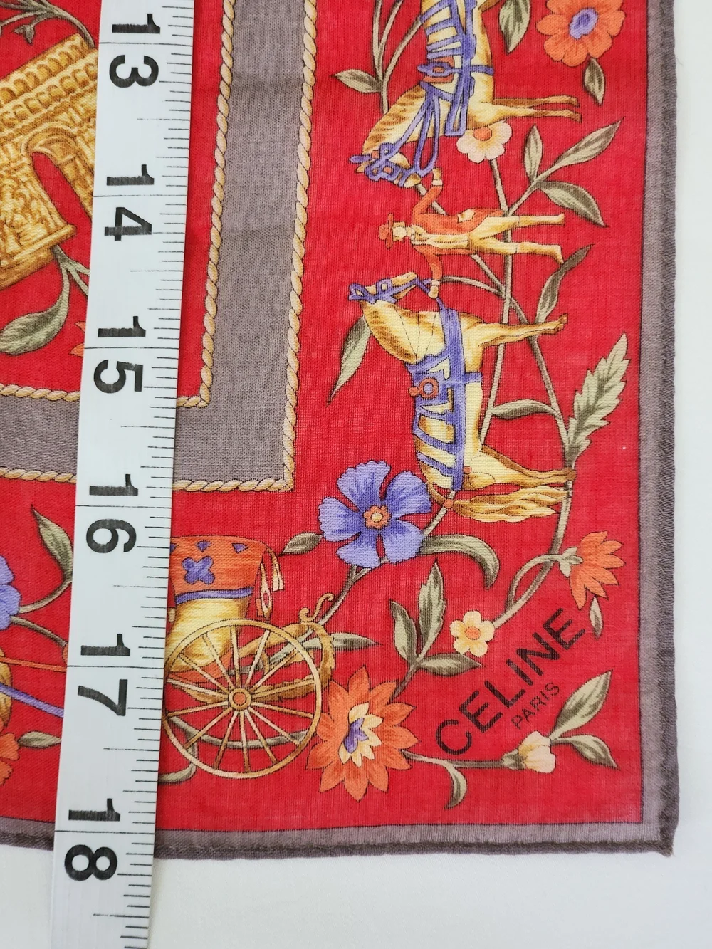 Vintage CELINE Paris Red Equestrian Carriage Cotton Handkerchief Scarf 18